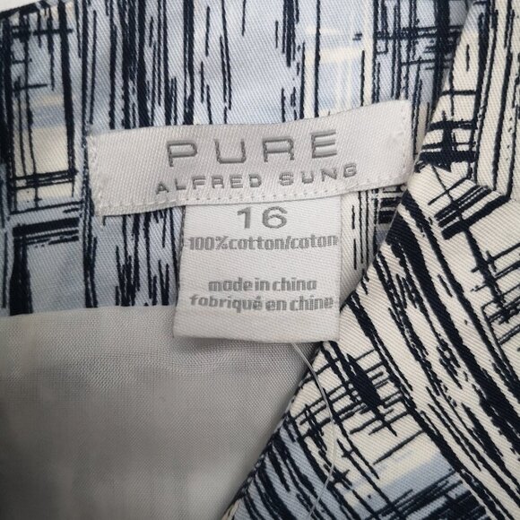 NWT Pure Alfred Sung Ladies Size 16 Navy Light Blue & White Lined Dress - Picture 3 of 11